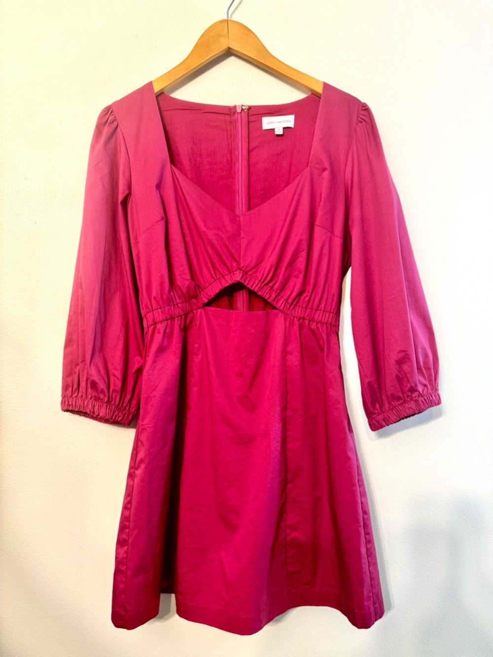 Lost + Wander Fuschia Sweetheart Neck Mini Dress with Cut Out and Puff Sleeves